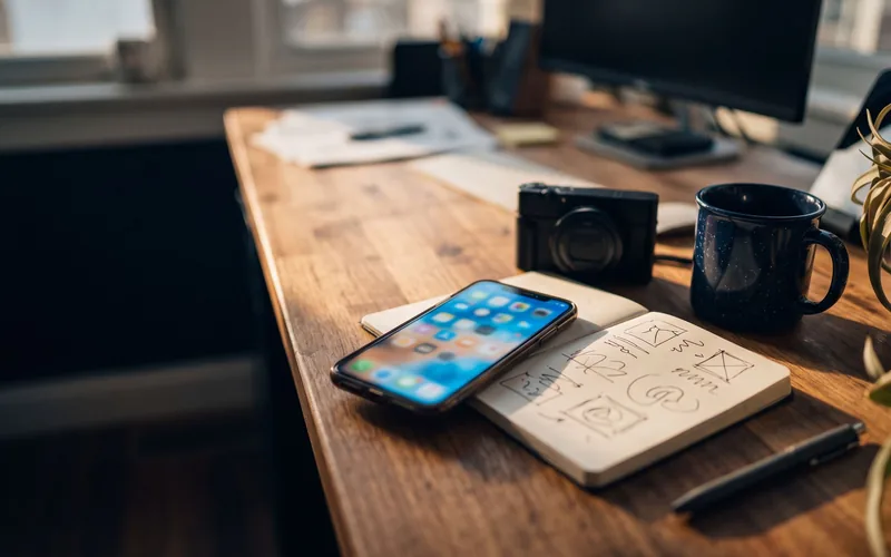 A phone resting on an open notebook of hand drawn sketches, beside a compact camera and a dark mug on a wooden desk.