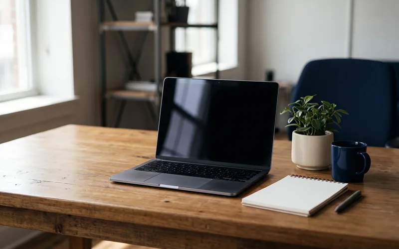 An open laptop with a dark, switched-off screen on a wooden desk, beside a spiral notepad with a pen, a potted plant and a navy mug.